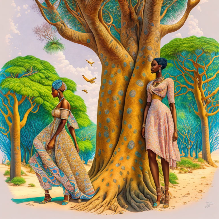 Two women in elaborate dresses near oversized tree with vibrant foliage.