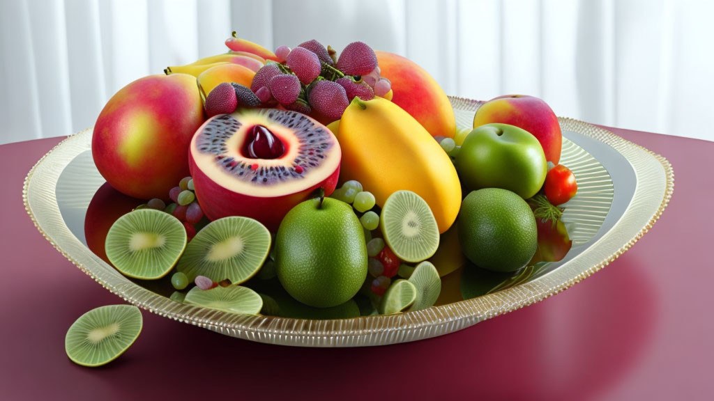 Realistic 3D-rendered fruits on golden tray against red tabletop