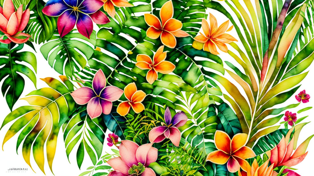 Colorful tropical flora watercolor illustration on white background