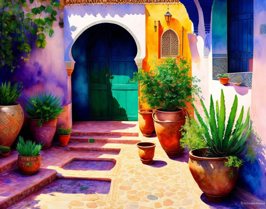 Vibrant Mediterranean courtyard with blue walls, green door, terracotta pots, and lush plants