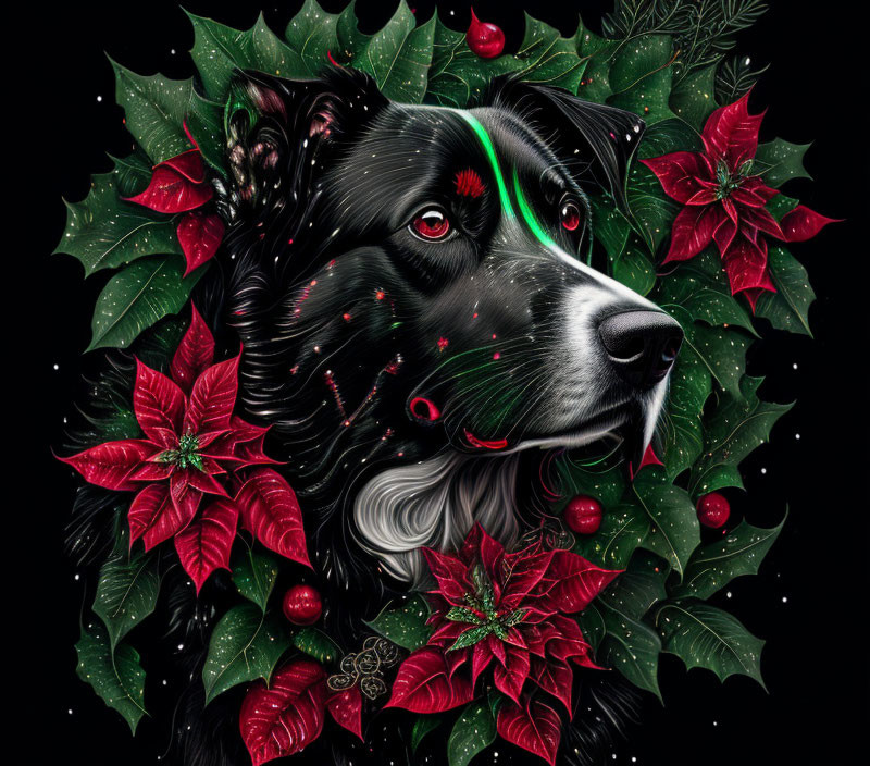 Detailed Black and White Dog with Red Poinsettias and Green Leaves