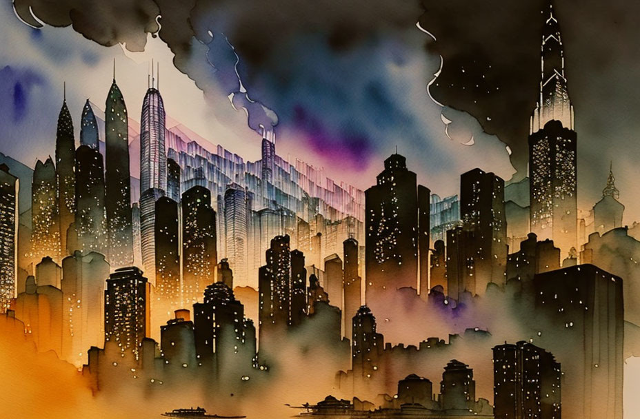 City skyline watercolor painting: skyscrapers at dusk with vibrant sky and glowing lights