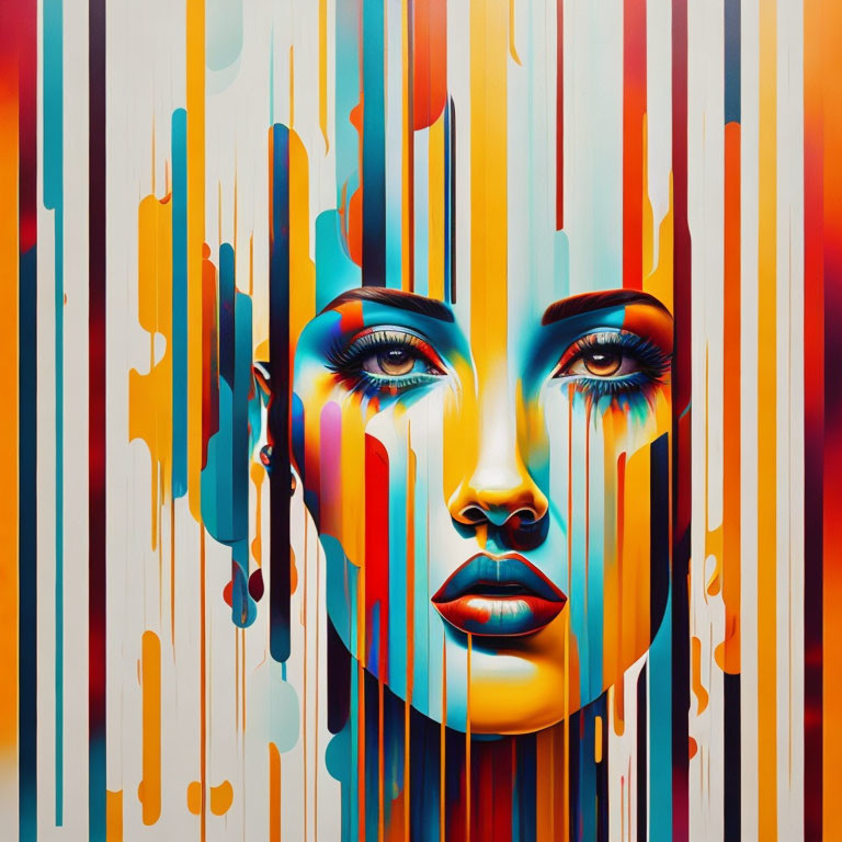 Vibrant portrait with vertical dripping paint effect