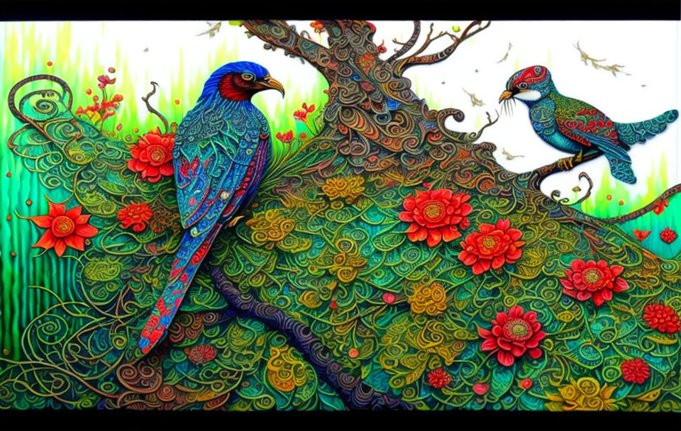 Stylized birds with intricate patterns on vibrant tree with red flowers