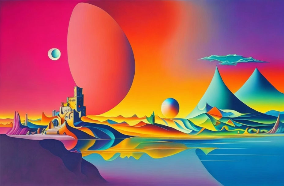 Surreal landscape with castle, colorful hills, reflective water, sun, moon, and clouds