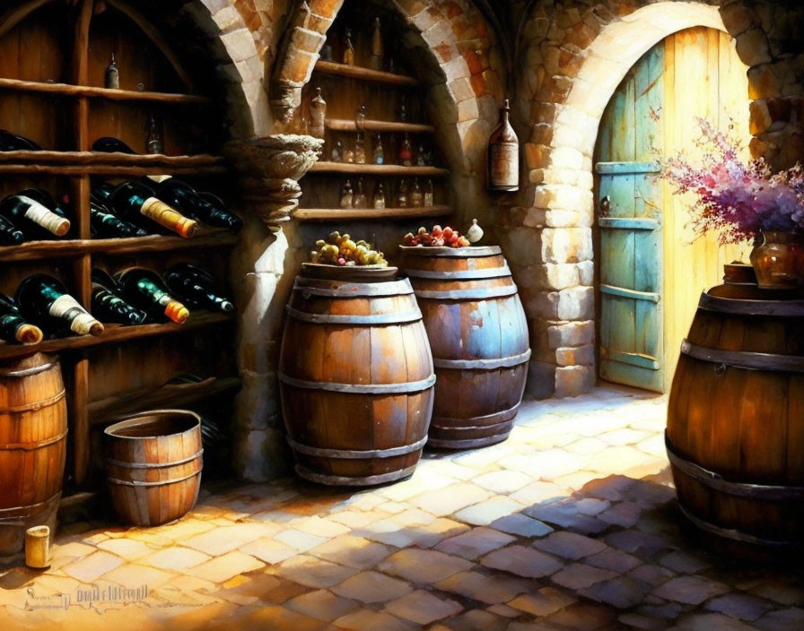 Rustic wine cellar with stone walls, wooden barrels, wine bottles, grapes, and flowers.