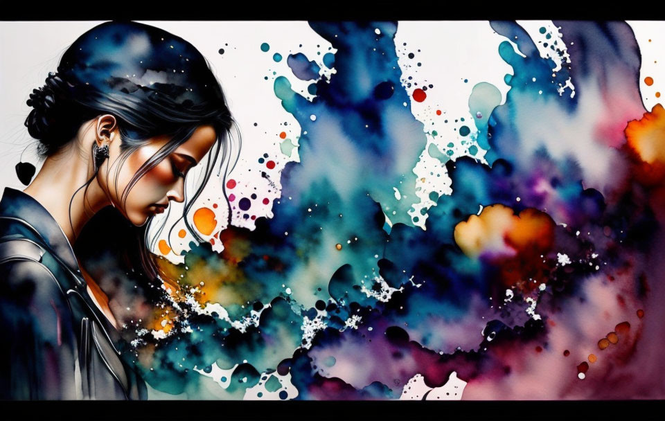 Woman with Glasses in Vibrant Ink Splatter Background