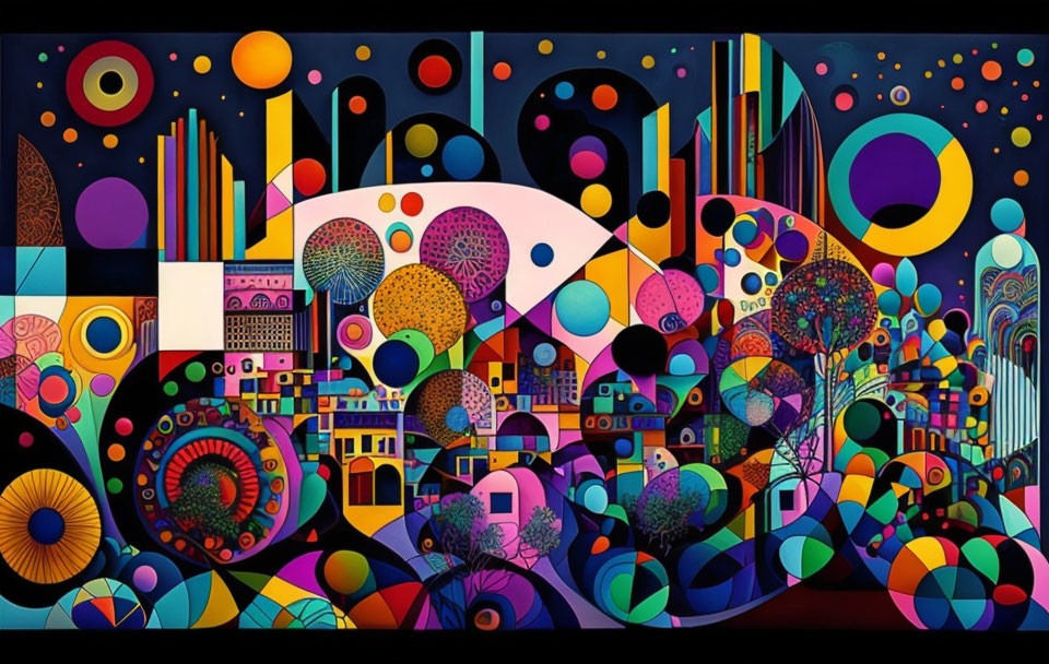 Colorful Abstract Painting: Geometric Shapes, Circles, and Patterns of a Whimsical City