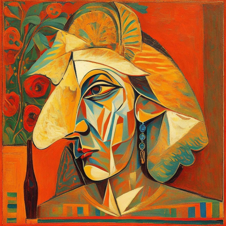 Vibrant Cubist portrait of a woman with geometric shapes and floral patterns