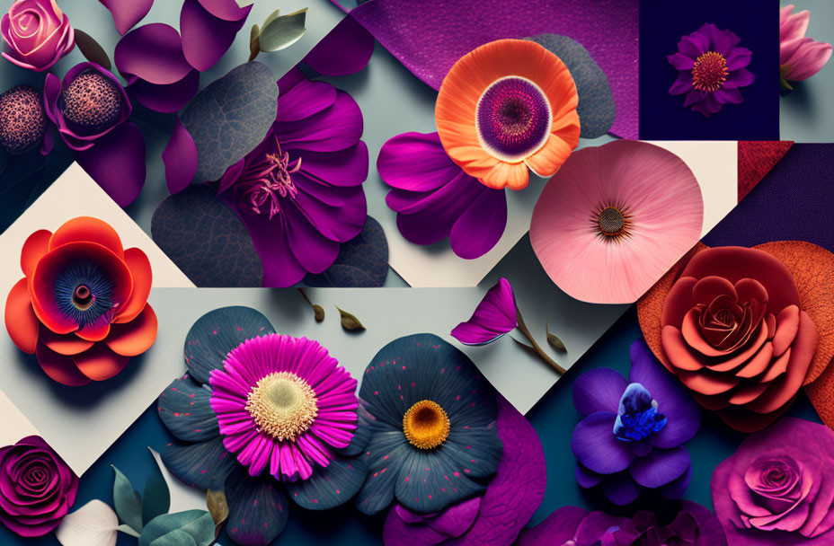 Vibrant pink, purple, orange, and red flower collage on dark textured background