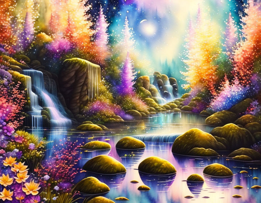 Colorful Fantasy Landscape with Waterfall, River, and Crescent Moon