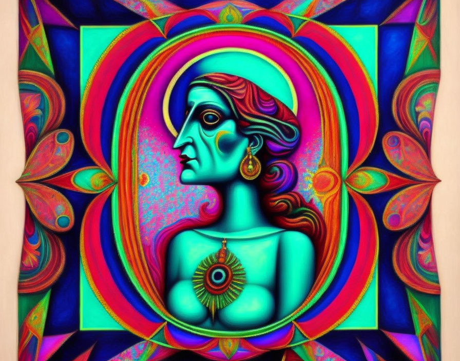 Colorful Psychedelic Illustration of Classical Figure with Earring & Butterfly Motifs