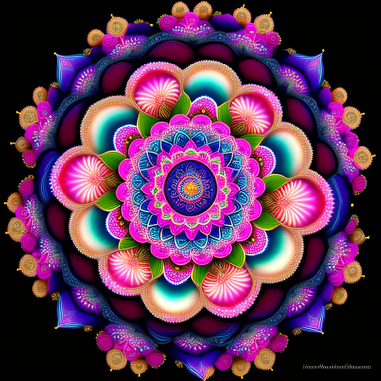 Colorful Digital Mandala with Intricate Petal Patterns in Pink, Blue, and Purple