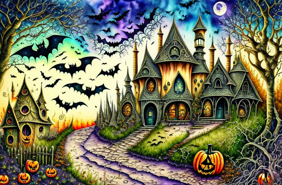 Whimsical haunted house illustration with pumpkins, bats, and full moon