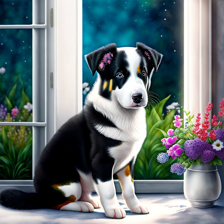 Adorable black and white puppy with pink flower beside a flower vase by open window