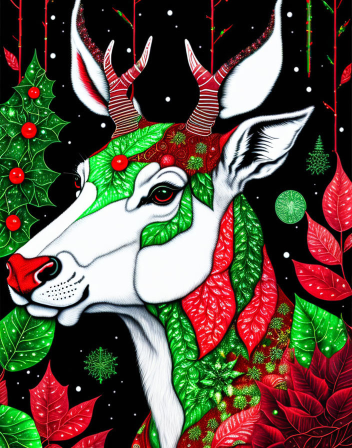 Colorful reindeer illustration with festive patterns on starry night background