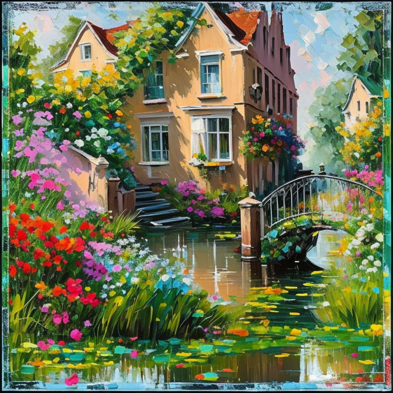 Vibrant painting of quaint houses by a canal with lush flowers and greenery