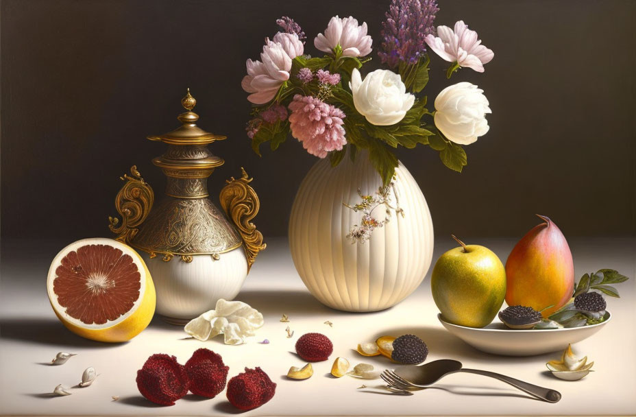 White vase, golden teapot, fruit, berries, and spoon on table