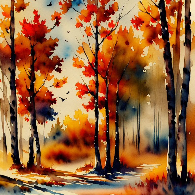 Colorful Watercolor Painting of Autumn Forest Scene