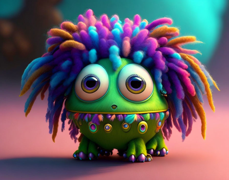 Colorful Animated Creature with Large Eyes and Vibrant Hair on Pink Background