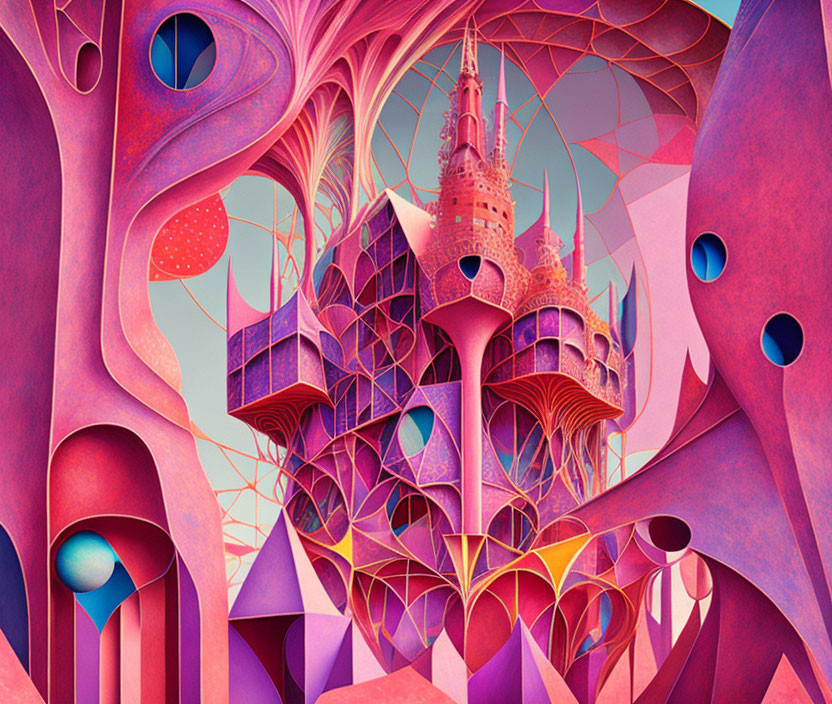 Vibrant surreal artwork: fantastical landscape with geometric and organic shapes