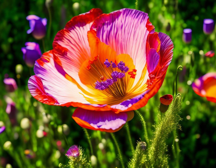 Colorful Poppy Flower Blooming in Green Field