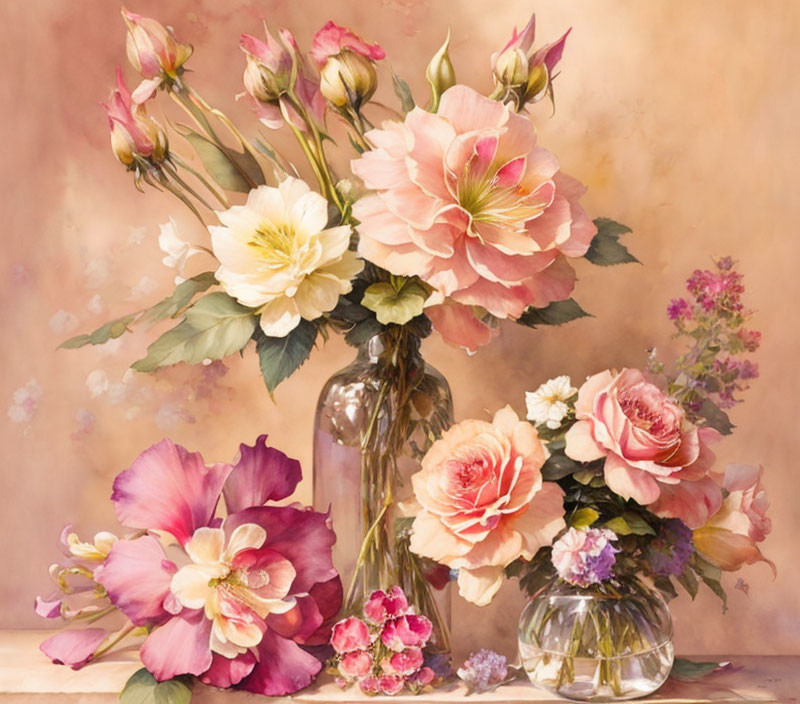 Colorful Flower Still-Life Painting with Glass Vases on Warm Background