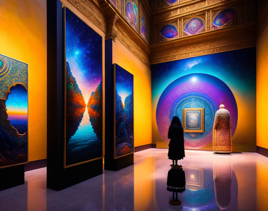 Person in Dark Coat Views Vibrant Cosmic and Landscape Paintings in Ornate Gallery