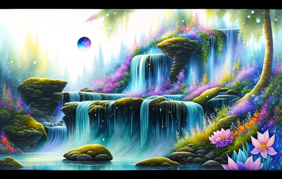 Digital art: Mystical waterfall, neon colors, illuminated flora, serene pond under starry sky.