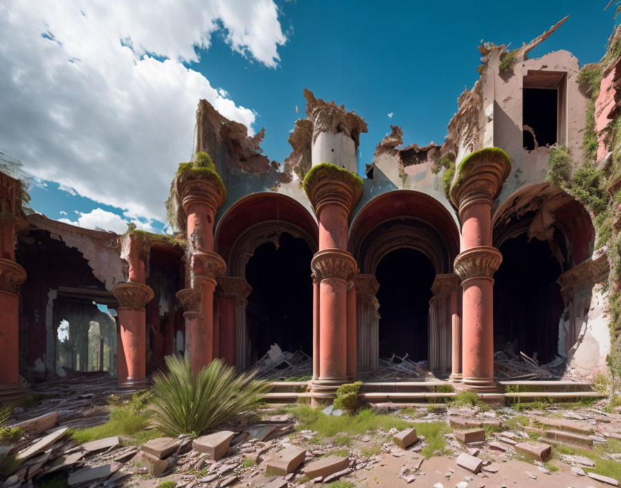 Decaying interior with classical columns, arches, debris, and overgrowth