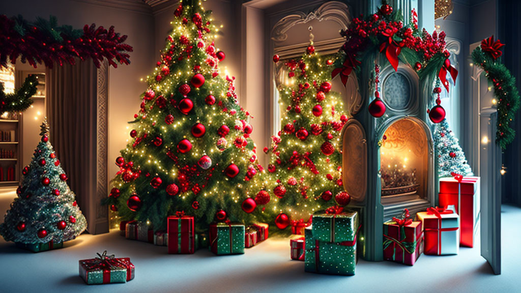 Festive Room with Christmas Trees, Fireplace, and Presents