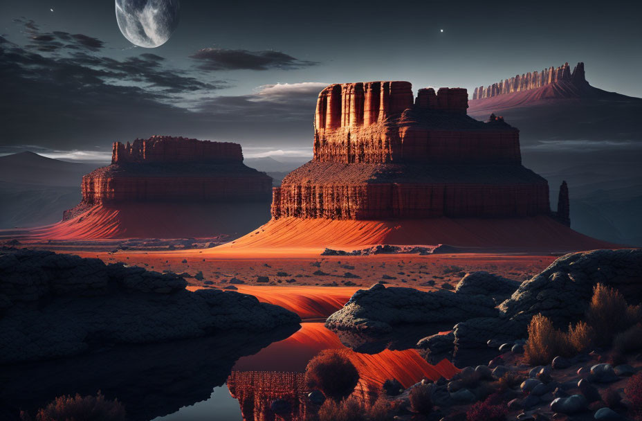 Surreal landscape with red rock formations, reflective water, moonlit night sky