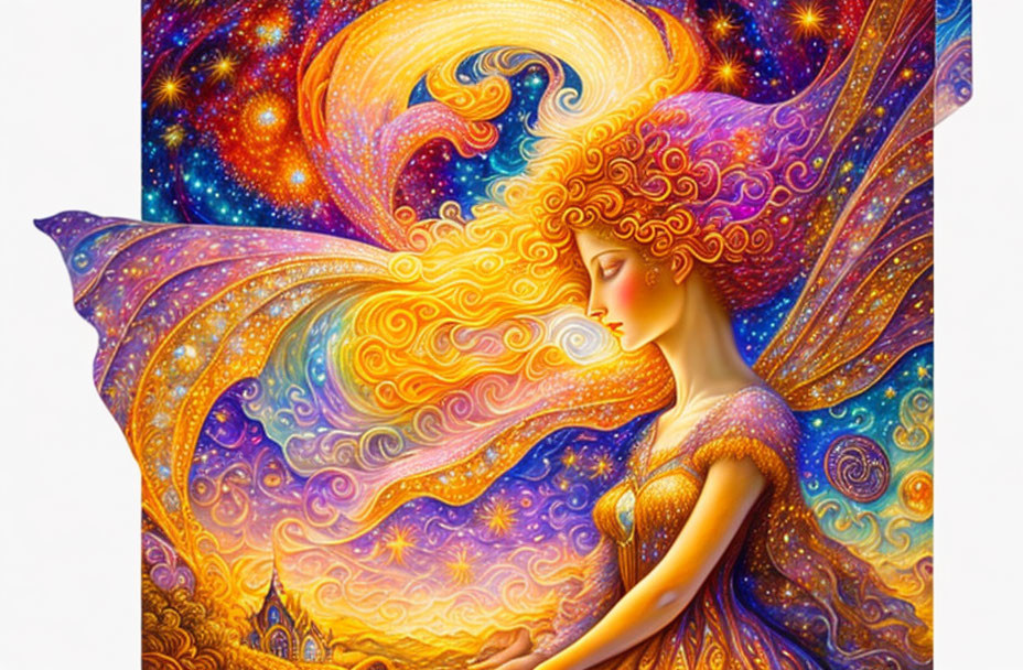 Surreal cosmic portrait of a woman with flowing hair