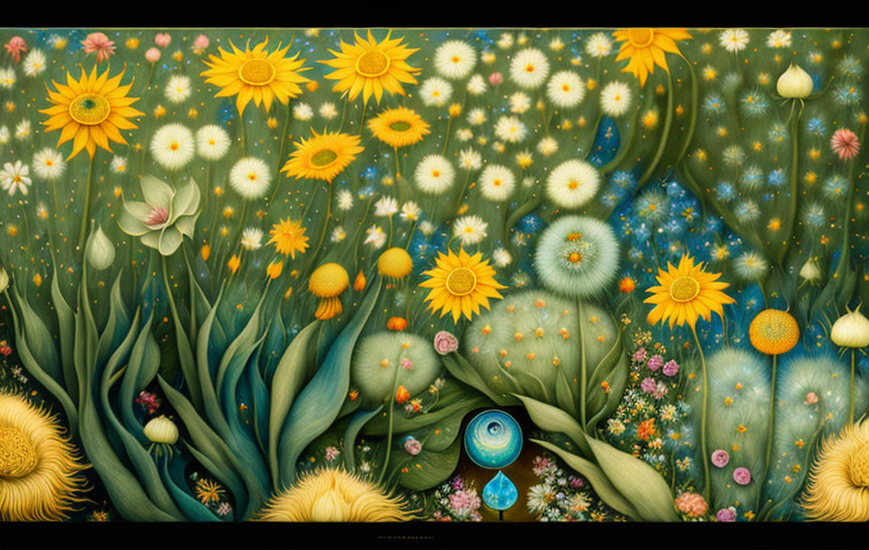 Colorful surreal garden painting with sunflowers, dandelions, and peacock feathers