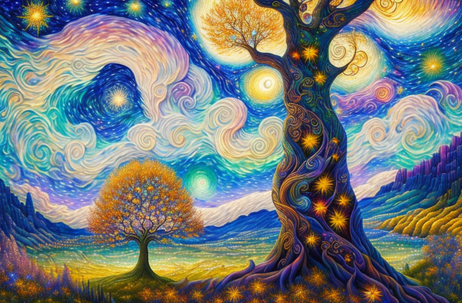 Starry sky painting with glowing trees and rolling hills