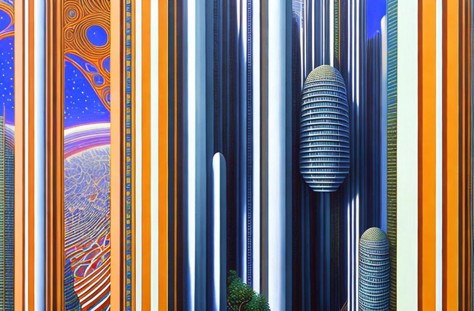 Colorful Abstract Art with Vertical Lines and Skyscrapers