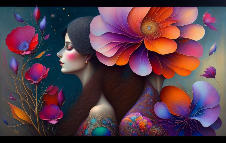 Vibrant floral artwork featuring woman with dark hair