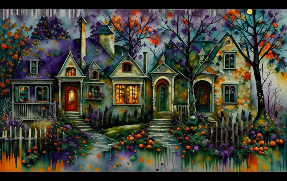 Whimsical autumn village scene with glowing windows and pumpkins