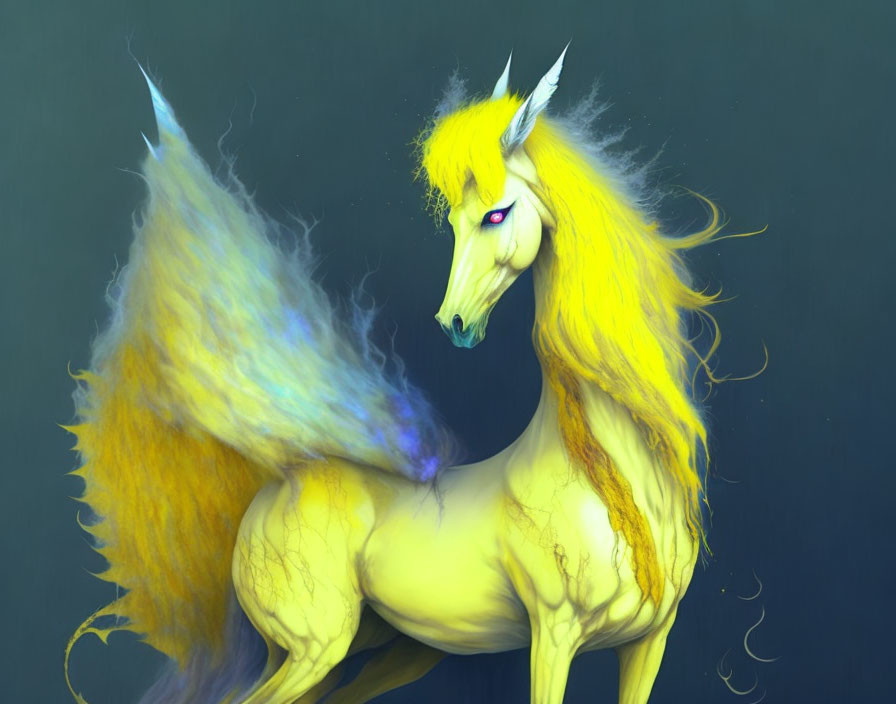 Yellow unicorn with red eyes and blue flames on dark background