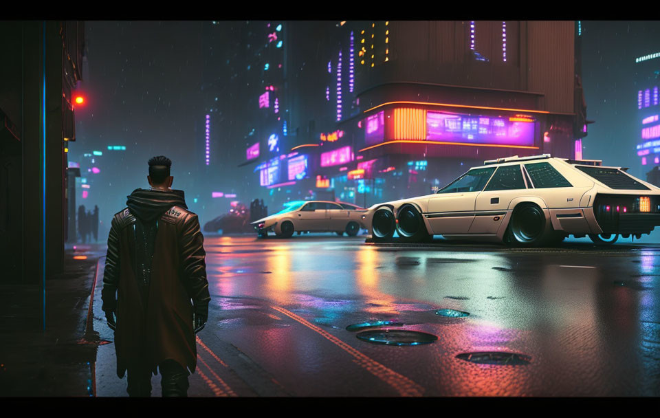 Man standing on wet city street at night with futuristic cars and falling snowflakes