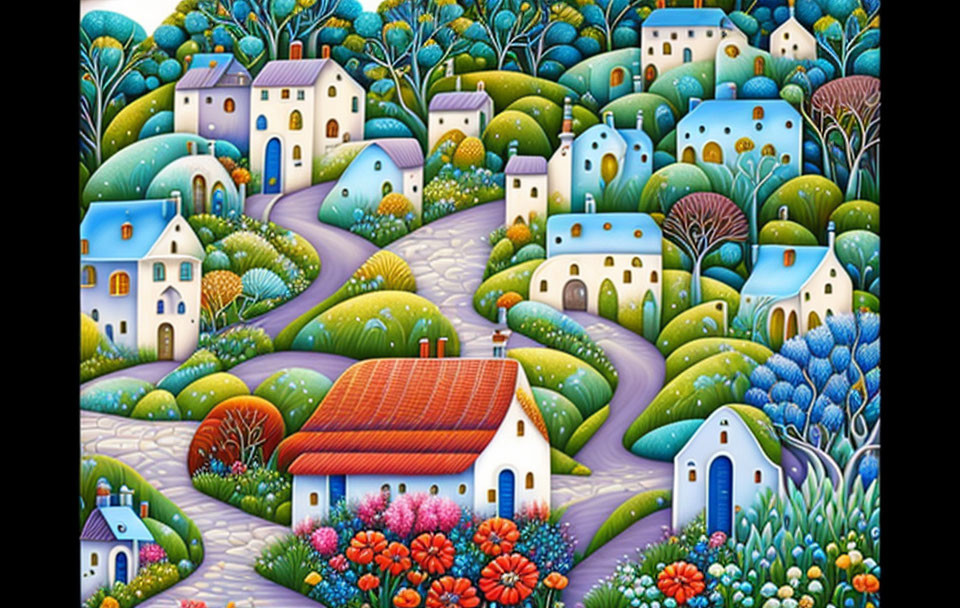 Colorful Illustration of Whimsical Village Scene