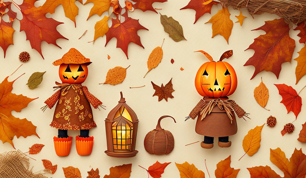 Fall-themed pumpkin figures with autumn attire, leaves, acorns, lantern, and knitted pumpkin