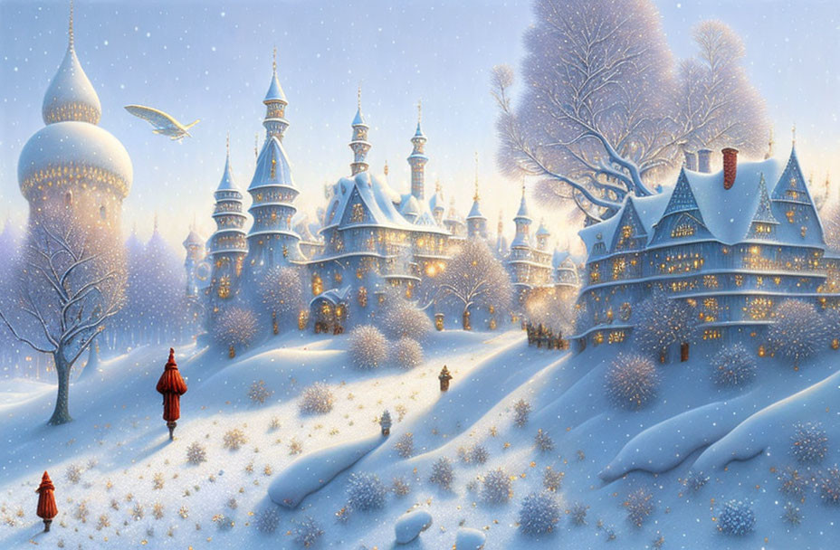 Snowy fairytale castle scene with two figures walking in winter landscape