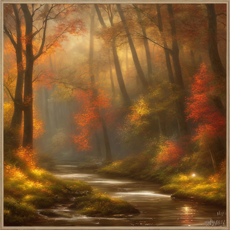 Tranquil Autumn Forest Stream with Golden Sunlight