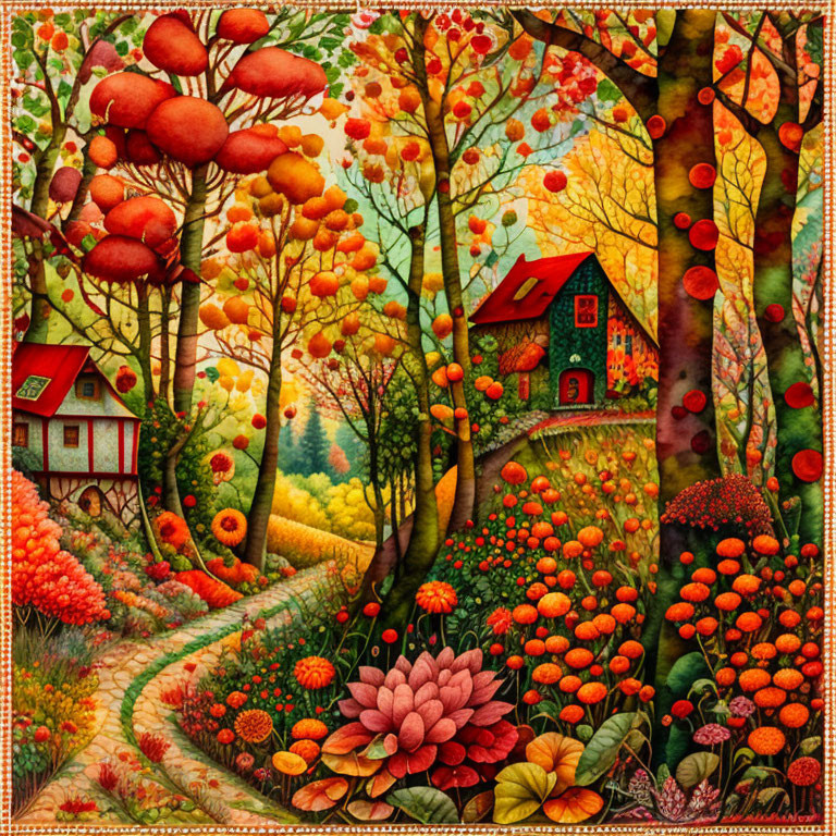 Colorful Whimsical Landscape with Exaggerated Flora and Quaint Houses