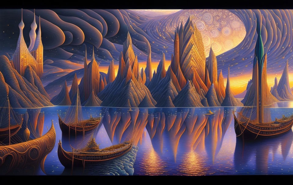 Fantastical landscape with pointed mountains, reflective water, boats, tall spired buildings under starry