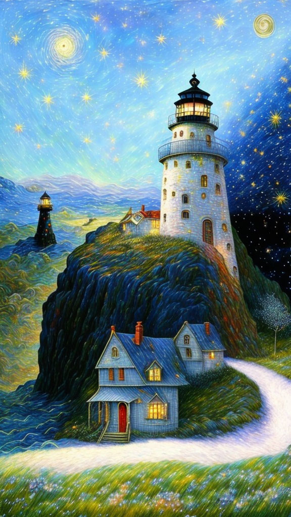 Lighthouse painting with starry night sky and cozy cottage