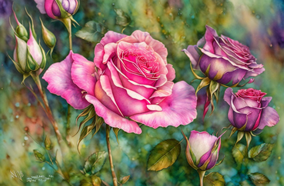 Detailed Painting of Pink Roses and Foliage on Multicolored Background