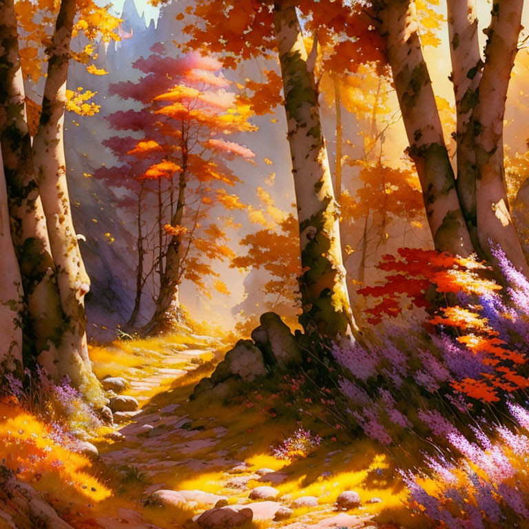 Scenic Autumn Forest Path with Sunbeams and Colorful Foliage