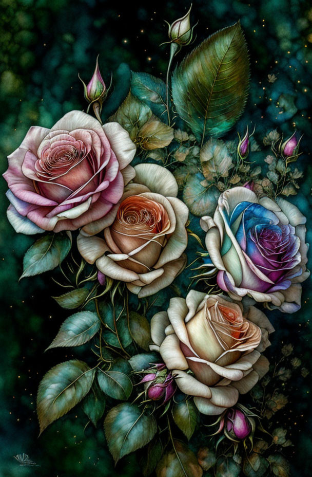 Multicolored roses digital painting with intricate details on dark, starry background